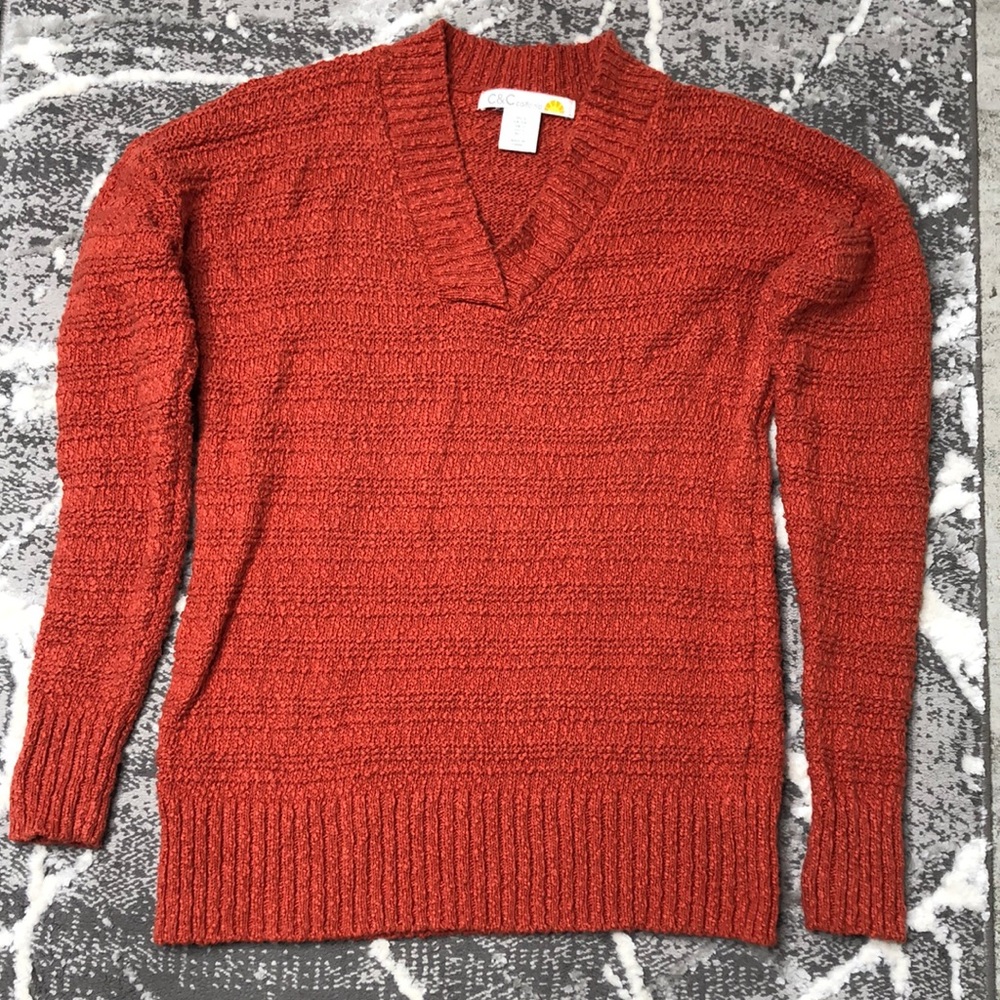 C&C California V-Neck Sweater Women’s Orange Cotton Knit Size Small